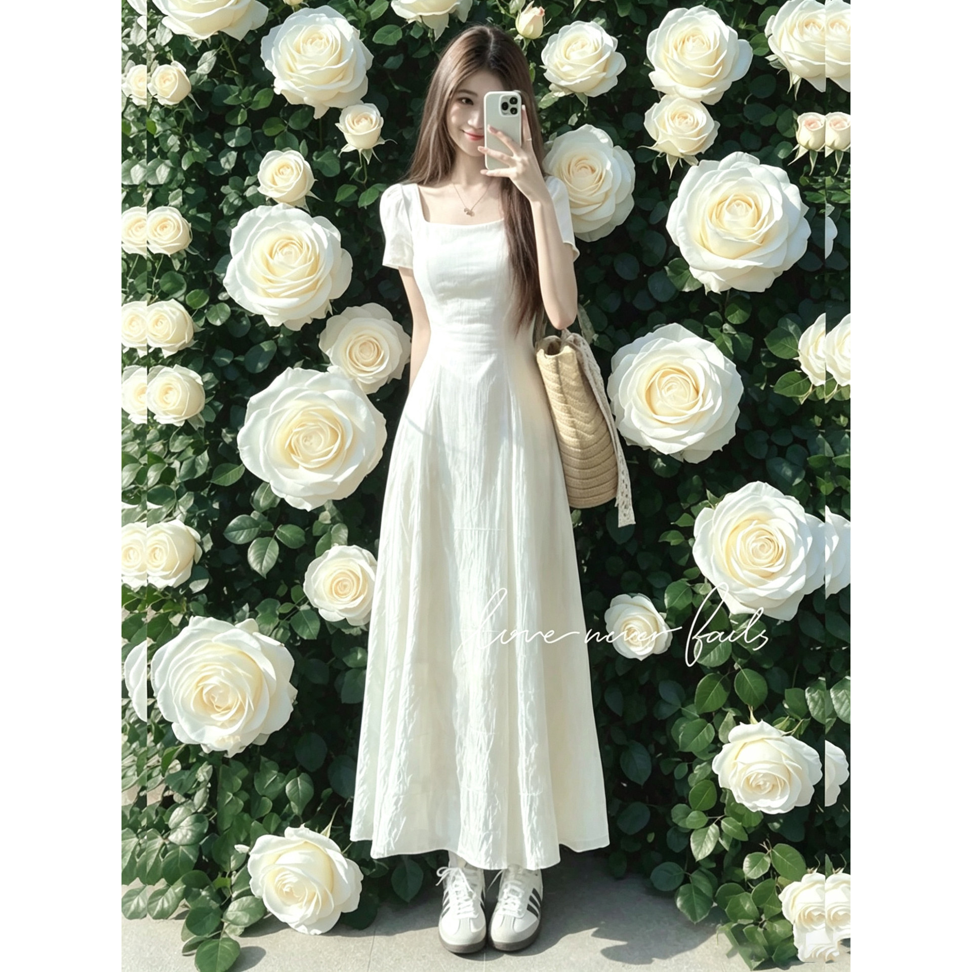 法式方领白色连衣裙子女夏季2026新款独特漂亮超好看气质收腰长裙