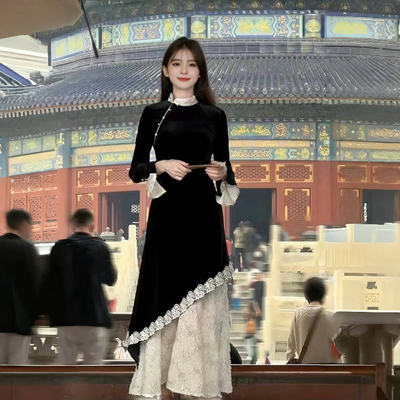 新中式国风丝绒改良旗袍连衣裙女