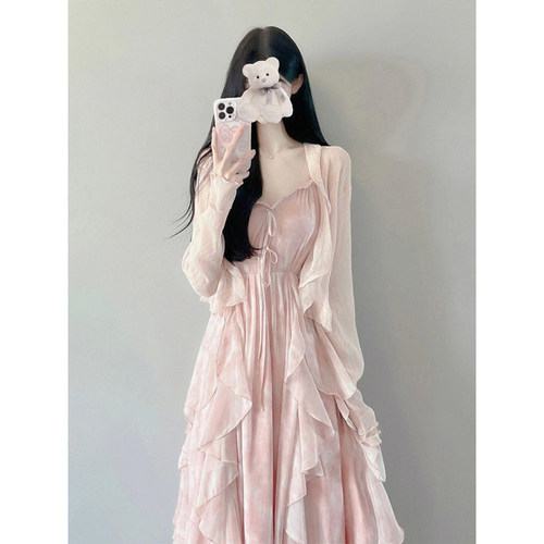 法式仙气长裙超仙森系甜美温柔风开衫粉色吊带连衣裙两件套装裙夏-封面