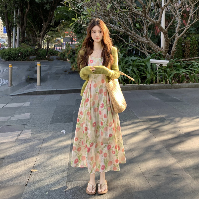 裙子女夏季法式度假独特漂亮收腰绿色碎花吊带连衣裙开衫两件套装