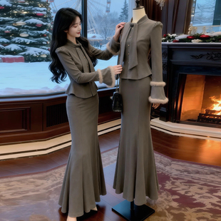 鱼尾半身裙大方得体穿搭两件套2025冬 开衫 富家千金感套装 针织修身
