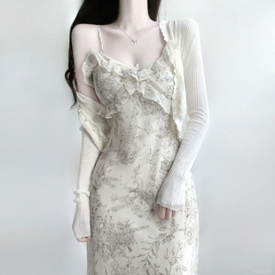 裙子女春夏2026新款巨好看温柔风雪纺碎花吊带连衣裙开衫两件套装