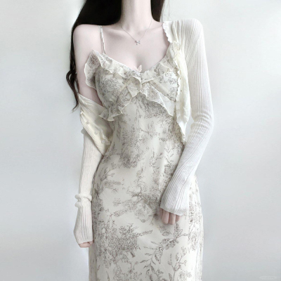 温柔风碎花吊带连衣裙开衫两件套