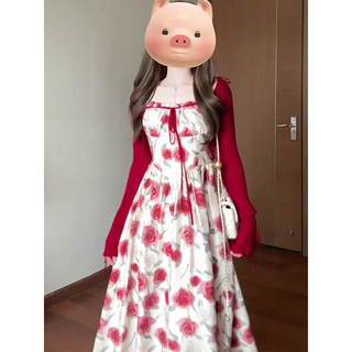 法式红色碎花吊带连衣裙子两件套装女夏季绝美漂亮独特小个子长裙