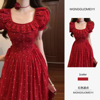 绝美特别漂亮方领红色波点连衣裙