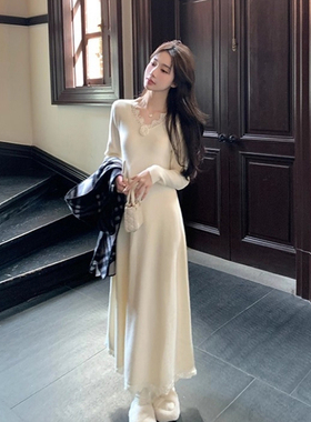 白色气质针织连衣裙子秋冬配大衣内搭打底长裙富家千金miu系穿搭