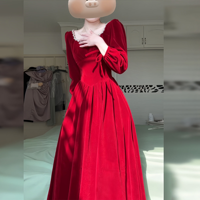 秋冬装丝绒红色连衣裙订婚敬酒服