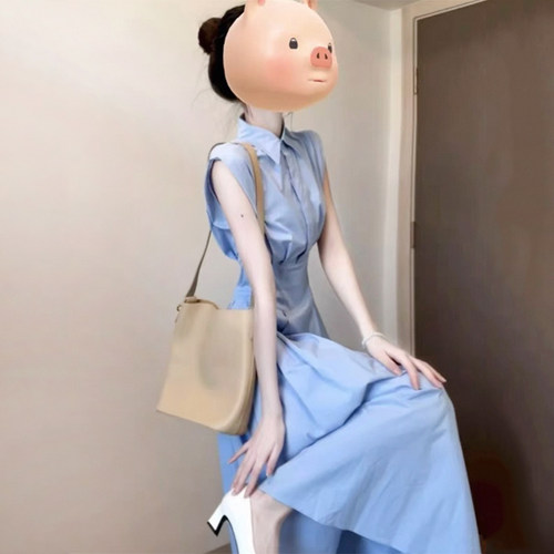 法式蓝色衬衫polo领无袖连衣裙女