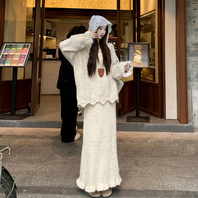 韩系连帽毛衣针织半身裙两件套装