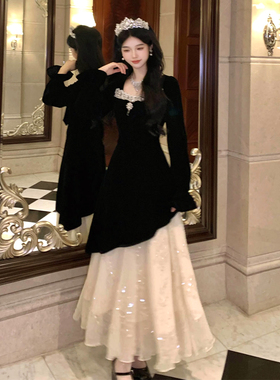 法式赫本风气质拼接黑色丝绒连衣裙长裙秋冬高级感生日礼服小黑裙