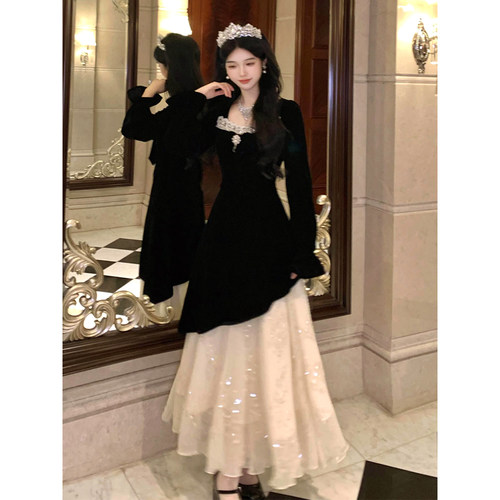 法式气质拼接黑色丝绒连衣裙长裙