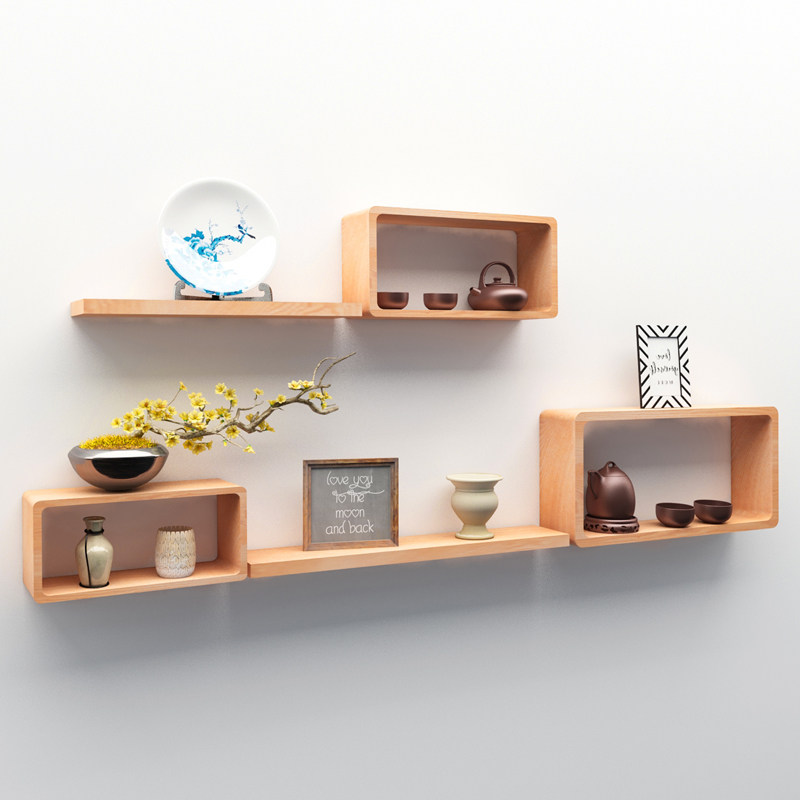 墙上挂式免打孔卧室客厅壁挂轻奢置物架拐角展示架实木创意格子