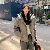 pu皮羽绒服女短款 晴雨雪2025新款 美式 复古加厚连帽情侣面包服外套