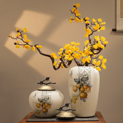 五福临门陶瓷花瓶摆件新中式客厅干花插花玄关电视柜装饰品中古风