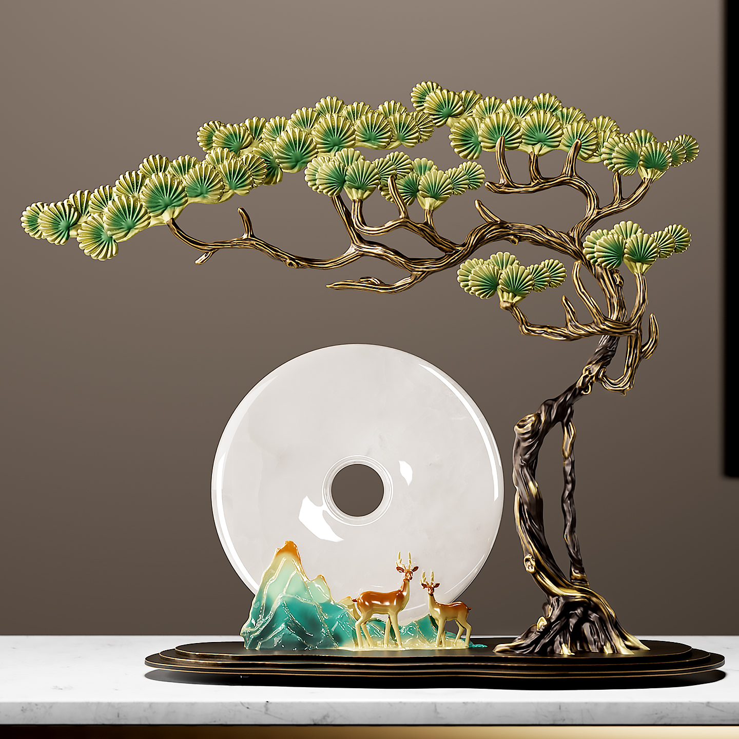 迎客松招财鹿玉石平安扣客厅摆件高端大气上档次办公室装饰工艺品