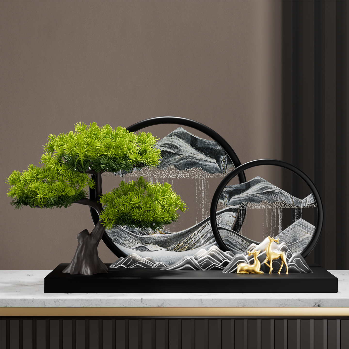 迎客松流沙画摆件办公室领导高档新中式客厅玄关电视柜装饰工艺品