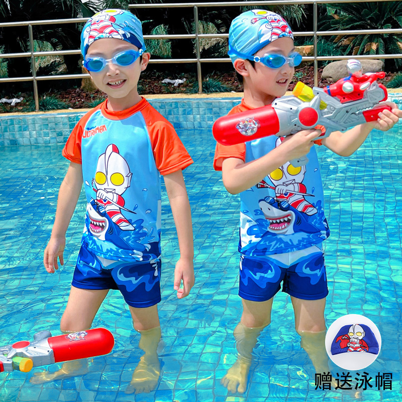 男童奥特曼泳衣分体套装游泳连体游泳服蓝色速干夏季游泳训练服潮