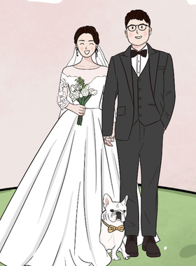 手绘Q版情侣头像彩色简笔画卡通人物真人照片婚礼立牌迎宾牌设计