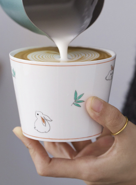 曼叙天真可爱古彩兔兔阔口杯手冲轻奢咖啡杯精致拿铁杯水杯
