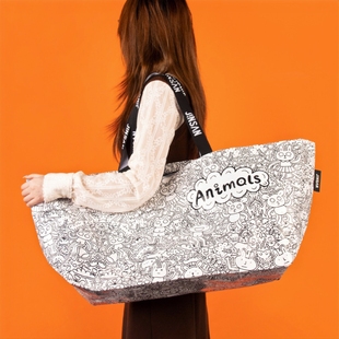 黑白系涂鸦环保袋加大网红新潮显眼包购物服装包装沙滩包折叠收纳