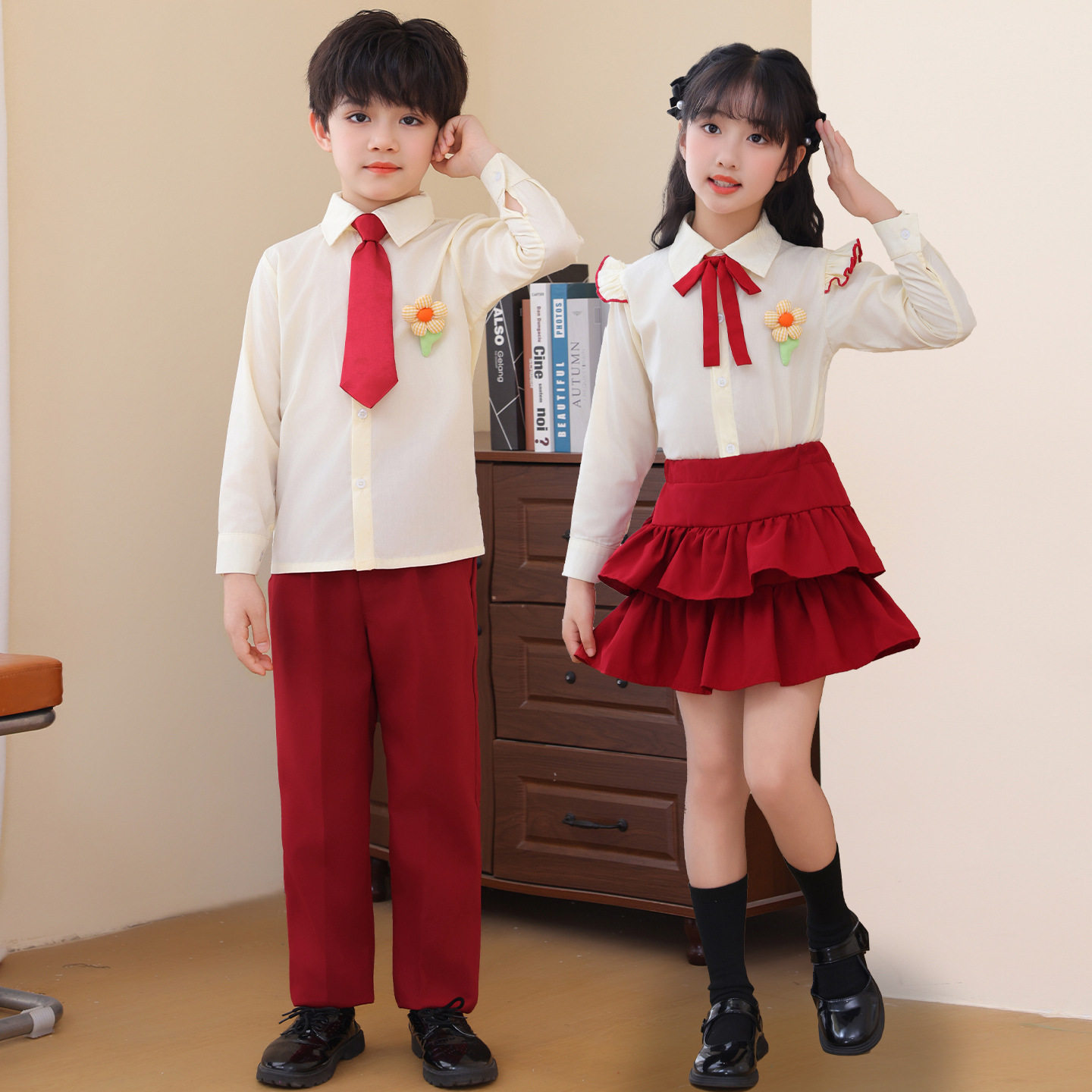儿童合唱演出服小学生诗歌朗诵套装男女童校园歌唱比赛红色表演服