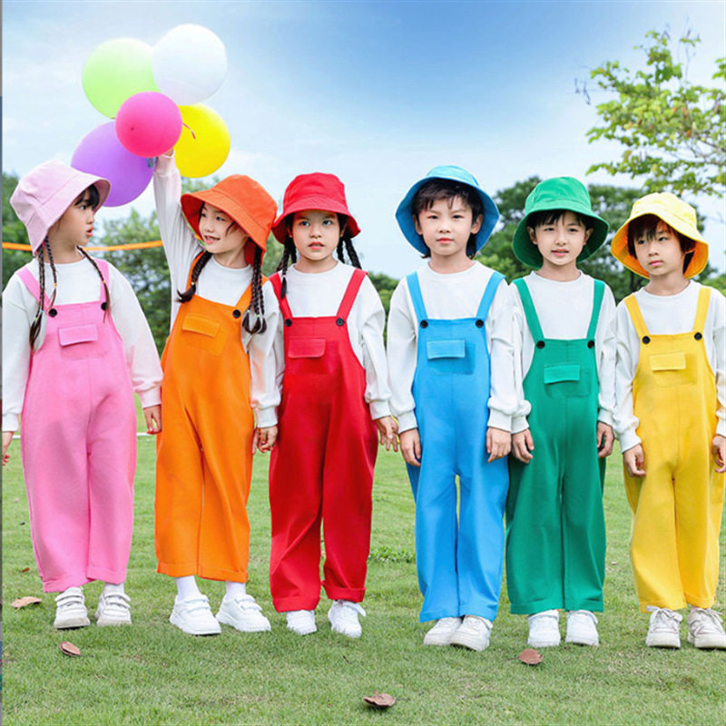 儿童多巴胺休闲背带裤表演套装彩色运动会啦啦队班服幼儿园表演服
