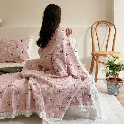 毛巾被纯棉韩版花边夏凉被三件套