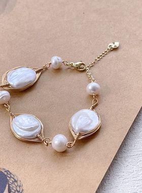 简约法式~天然巴洛克淡水珍珠手工绕线手链2026新款复古百搭时尚