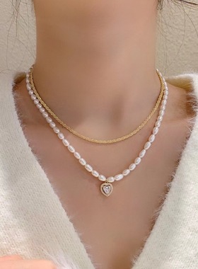 欧美简约设计感淡水珍珠爱心锆石吊坠气质时尚项链网红个性项坠女