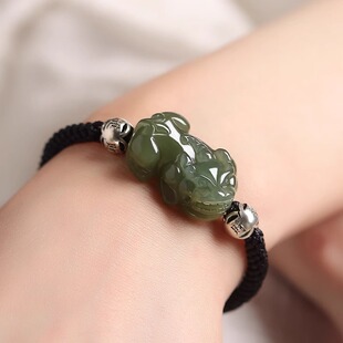 天然和田玉貔貅情侣小貔貅青玉手链男皮质手链女红绳编织手绳礼物