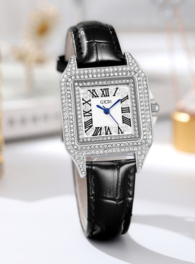 瑞士正品新款方形表盘镶钻女士手表全自动罗马数字黑色皮带石英表