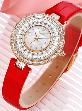 正品新款DOM红色皮带女士手表时尚满钻气质防水明星款轻奢女生表