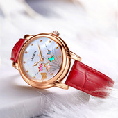 潮流全自动女士手表真皮防水红色森女系女皮带表 时尚 瑞士正品 新款