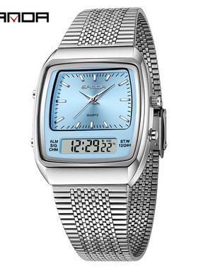 正品新款SANDA双显多功能三地时夜光防水男士手表黑色钢带男生表