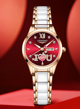 正品新款列奥尼达白色陶瓷LOVE爱心女士手表防水非机械双日历女表