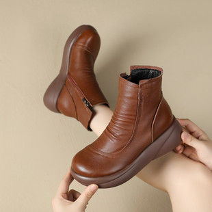 2024秋冬新款复古真皮大码马丁单靴女圆头中跟厚底加绒保暖短靴
