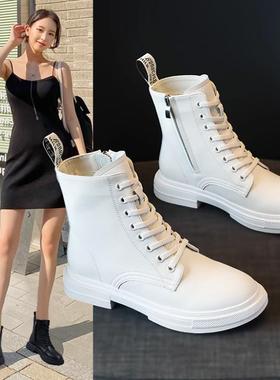 白色大码女鞋41-43时尚马丁靴秋冬新款休闲短靴脚宽胖真皮单靴41