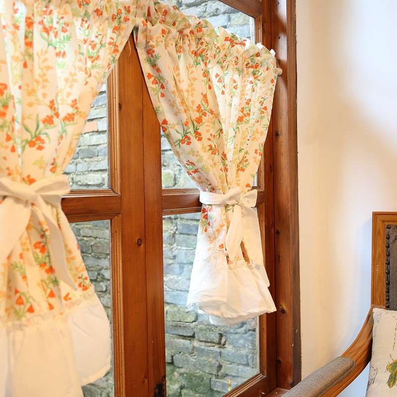 鸢尾乡旅橘色小野花半帘美式门帘穿杆帘柜帘防尘帘咖啡帘半遮光