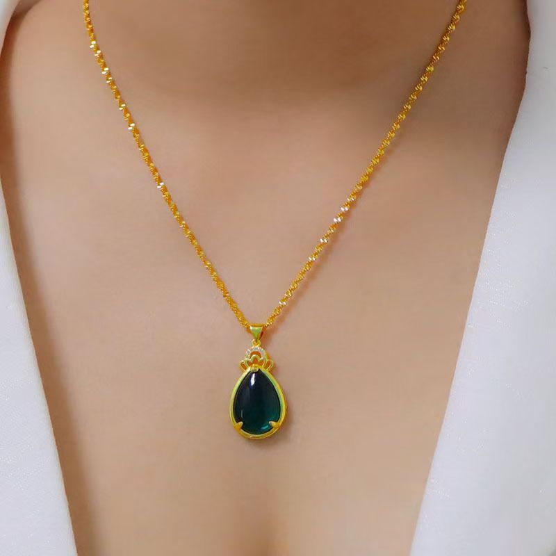 水滴绿宝石项链铜合金沙金仿黄金饰品简约百搭老婆女神情人节礼物