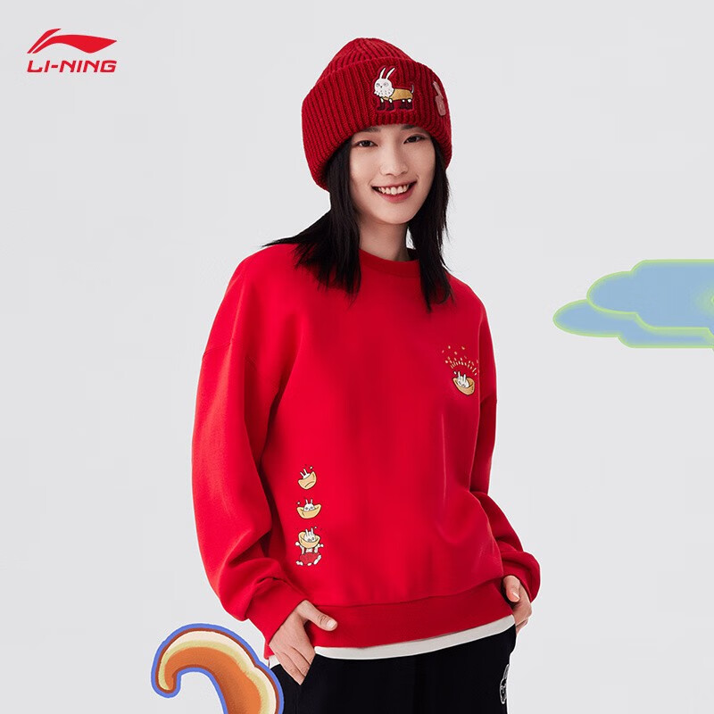 李宁卫衣女2023兔年新款日进斗金休闲宽松圆领套头上衣AWDT074