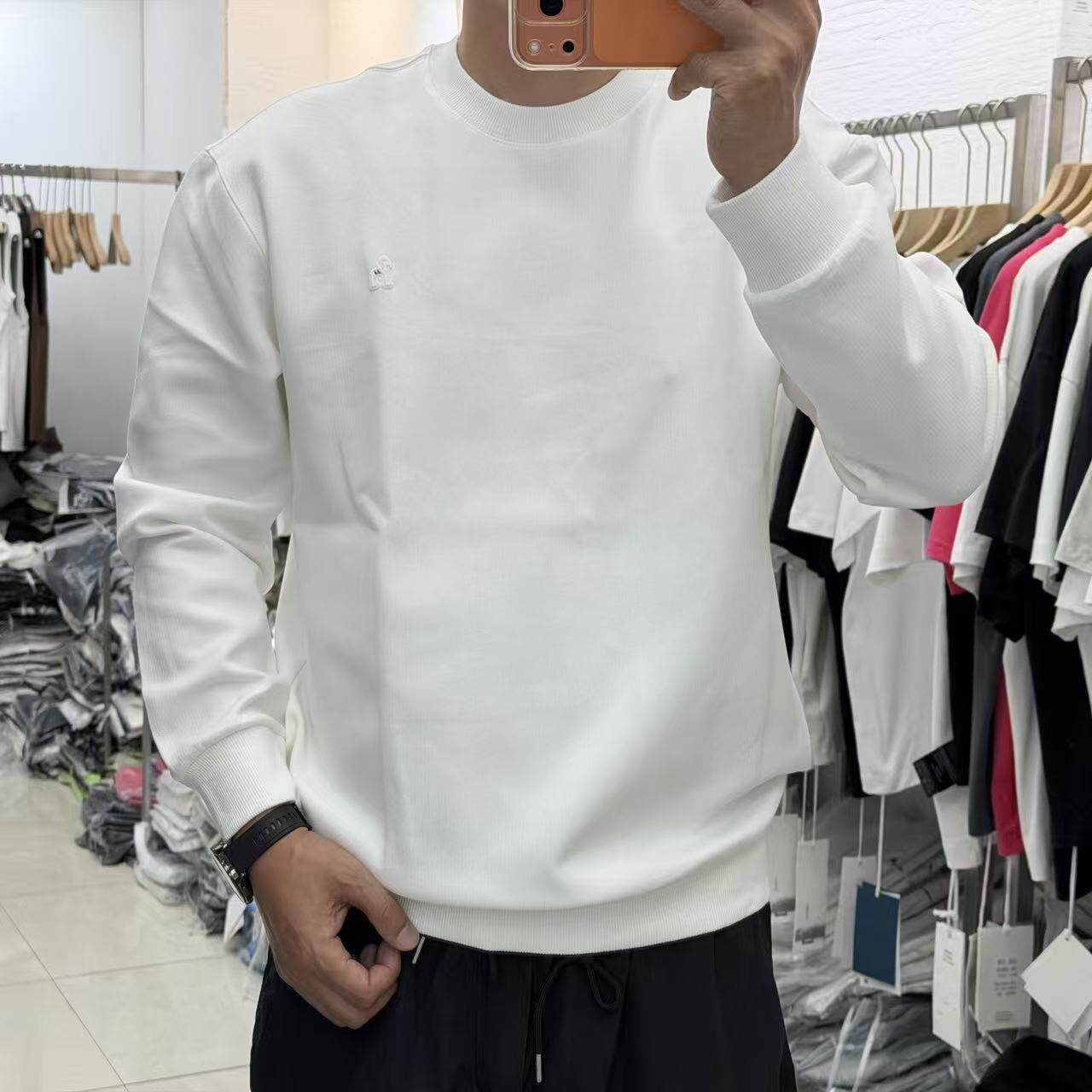 秋冬新款男士潮牌圆领宽松休闲小标印花卫衣时尚百搭纯色上衣打底