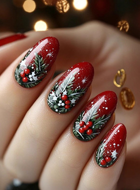 圣诞节爆闪红色短椭圆圣诞树彩果穿戴甲美甲甲片假指甲片成品批发