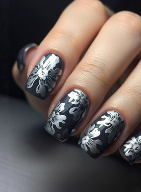 欧美外贸中长款欧方形美甲贴片黑色裸色系植物花朵图案假指甲贴片