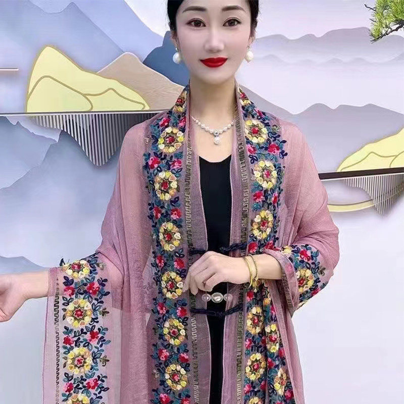 2024夏季新款冰雪丝绣花披肩女百搭气质防晒遮阳围巾旅行开衫