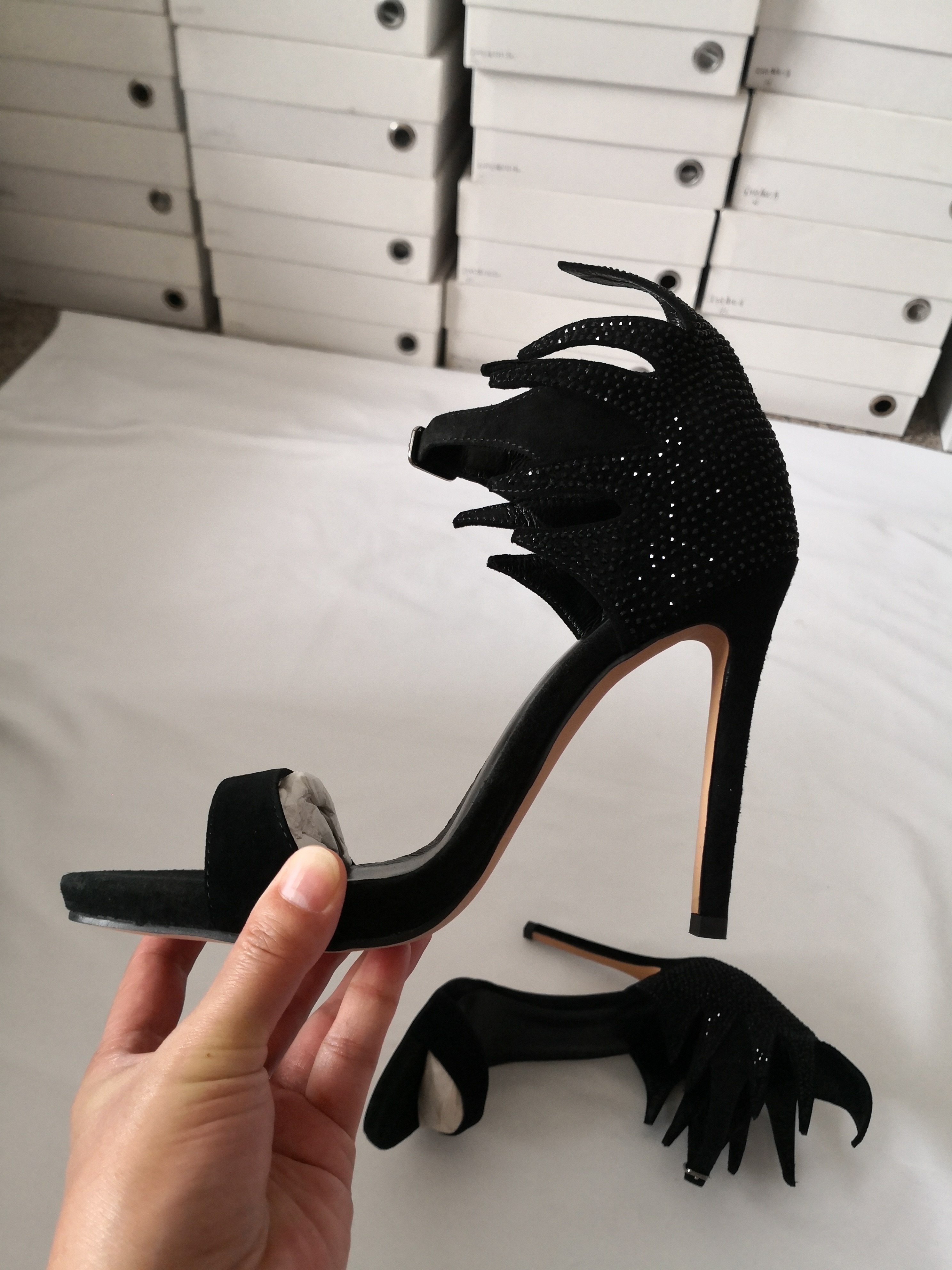 黑色羊反绒烫钻细高跟鞋露趾水台凉鞋舞台走秀T台风女鞋外贸清仓