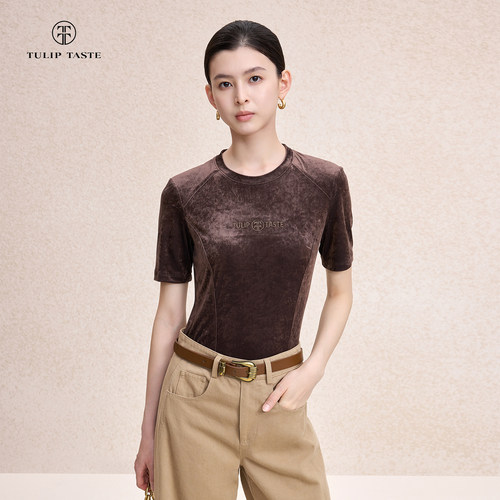 郁香菲丝绒短袖圆领套头女绒衫