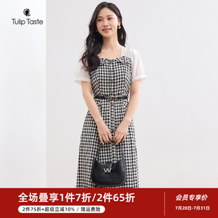 时尚 郁香菲格子拼接连衣裙女气质优雅夏季 方领显瘦通勤收腰A字裙