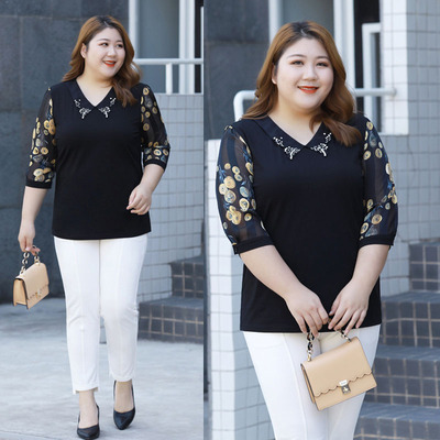 大码女装妈妈妹妹雪纺拼接上衣