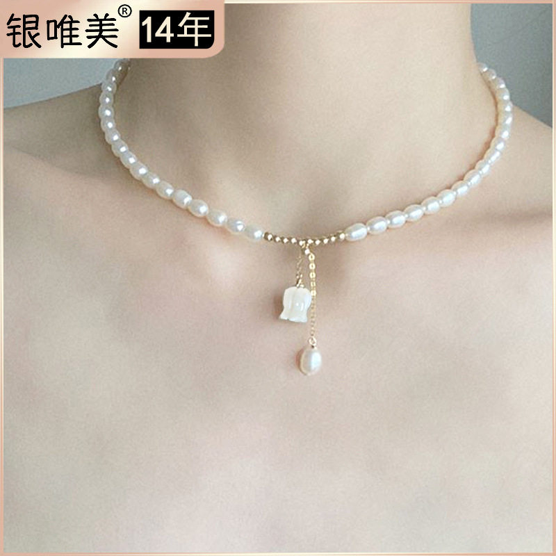 S925银套装 天然巴洛克米粒淡水珍珠项链学生闺蜜手链饰品choker