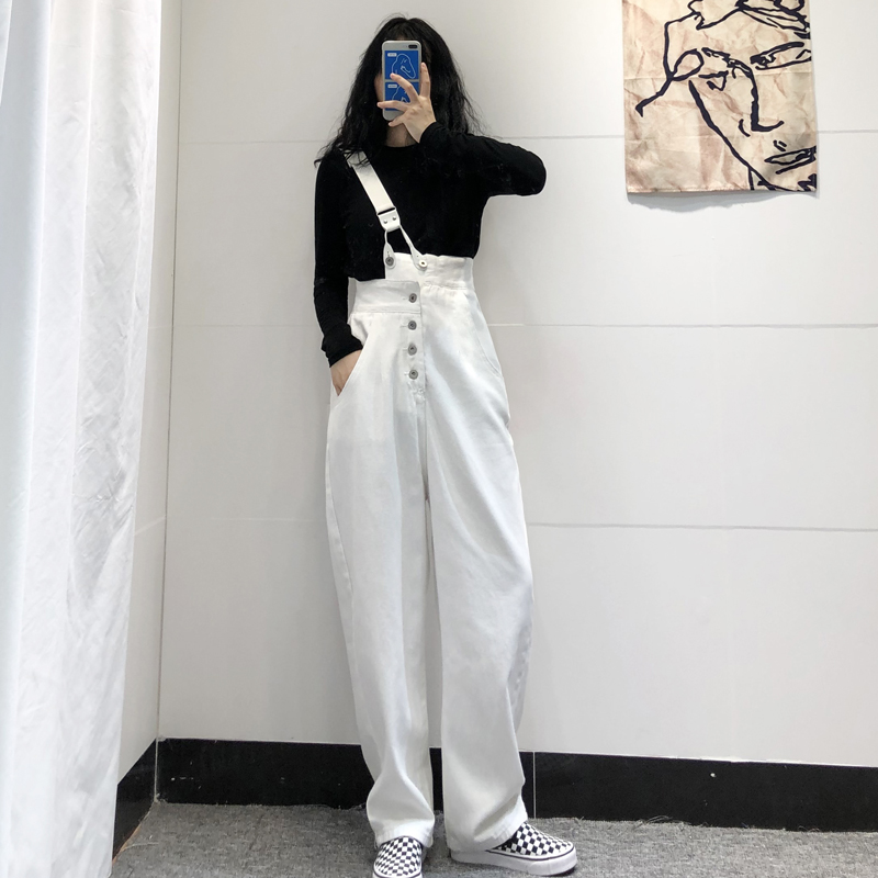 单肩牛仔背带裤女韩版宽松春秋两穿阔腿洋气减龄拖地吊带长裤夏季